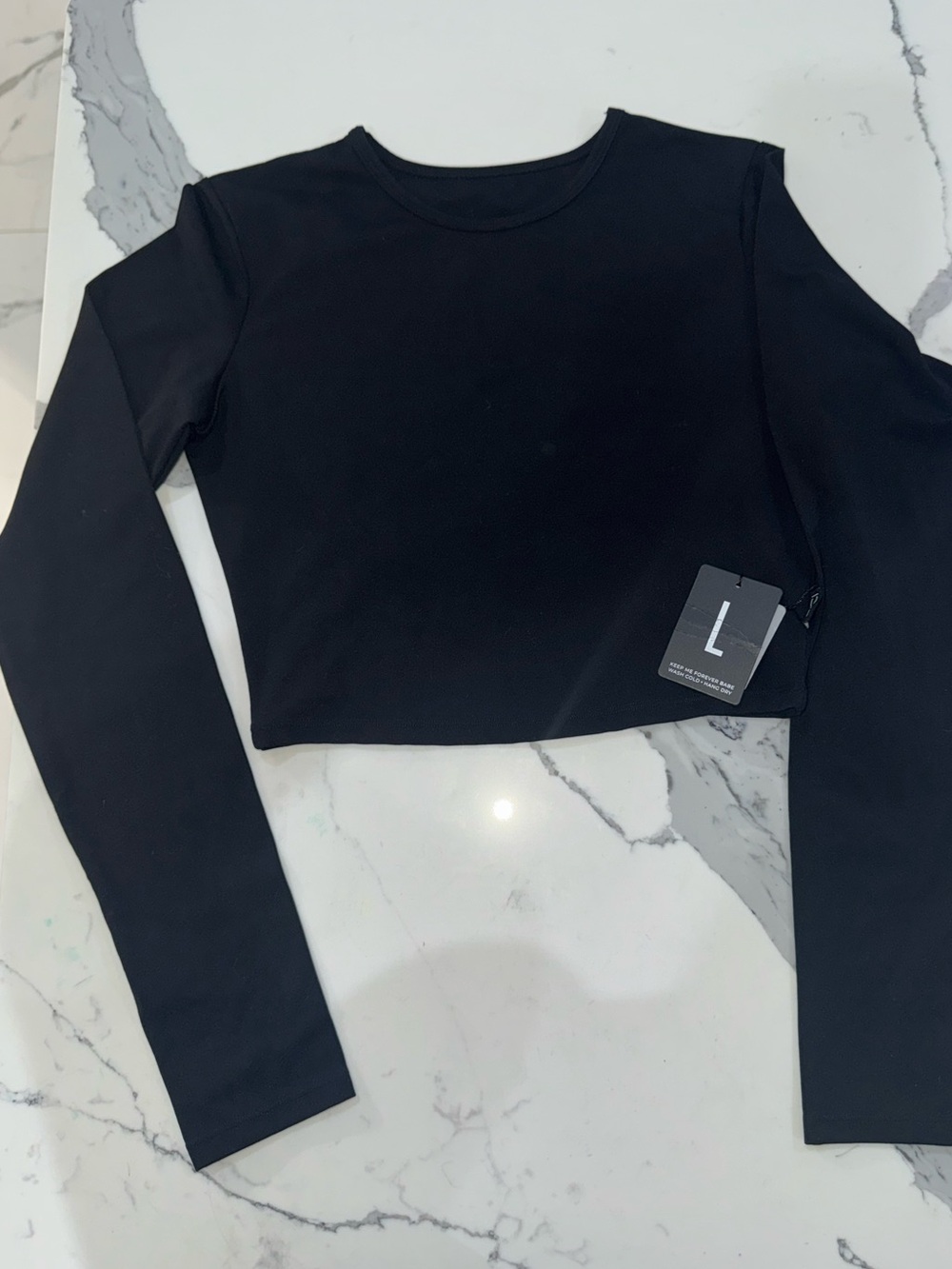 Women's Black Long-Sleeve Crop Top - Crew Neck